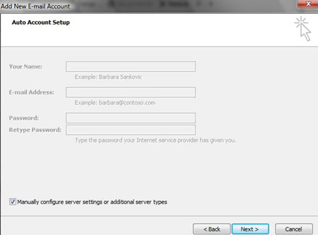 Outlook manually configure