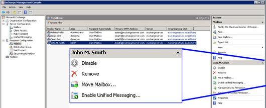 Exchange 2010 Delete Mailbox screenshot #2: Right-click to Remove
