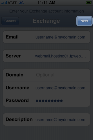 Exchange on iPhone Setup Step 6 screenshot