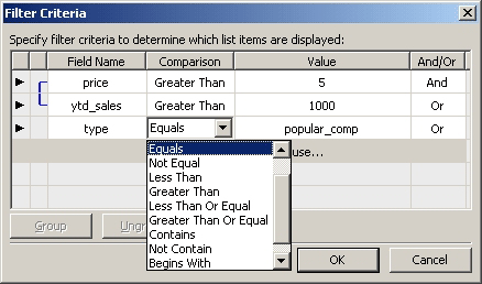 FrontPage - Filtering Criteria