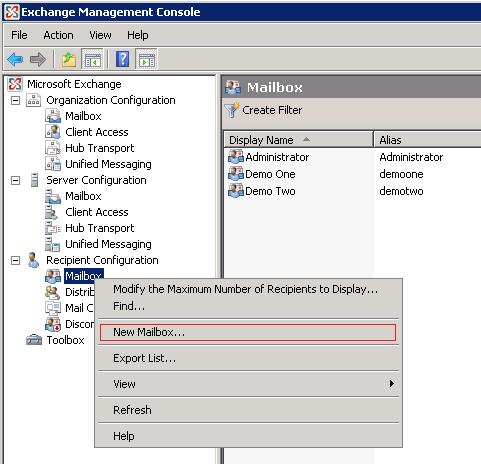 Create User Mailboxes - Exchange 2007